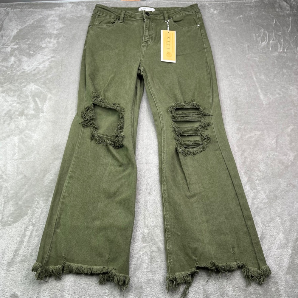 Risen Wide Leg Jeans Womens 15/32 Moss‎ Green Distressed Frayed Hem Stretch